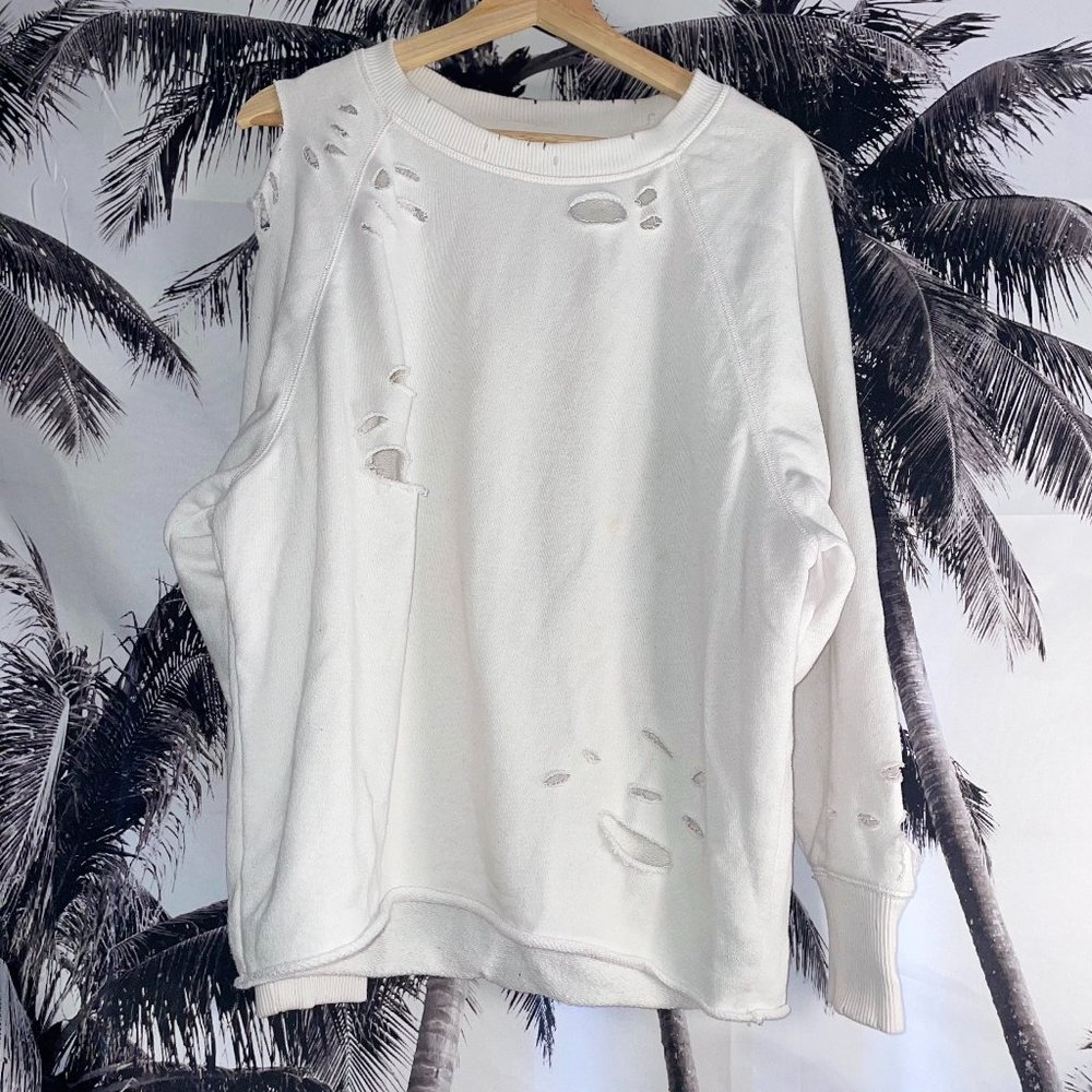 Aerie Distressed Holes White Womens Comfy Pullover Sweater Sweatshirt Size S